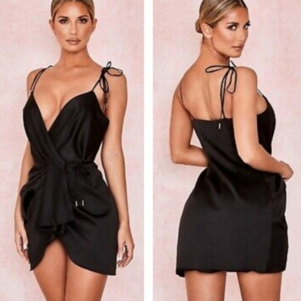Black Satin Tie-Shoulder Mini Dress